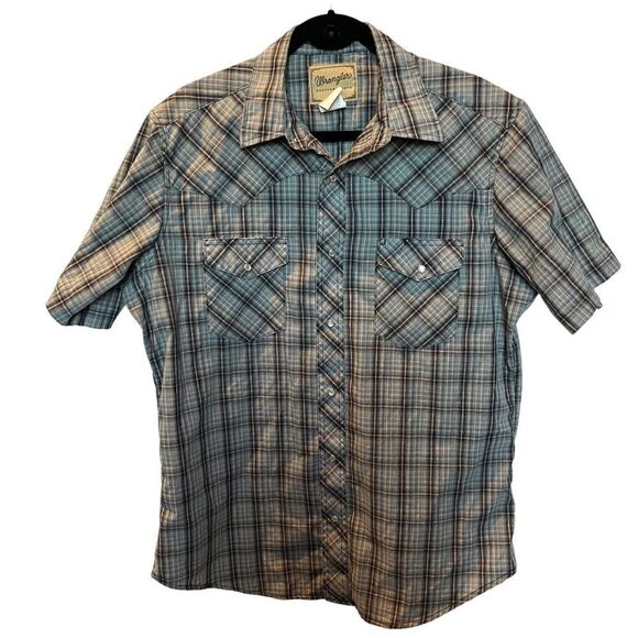 Wrangler Men's Plaid Pearl Snap Button Down Shirt Gray w/ red stripe Size Large - Picture 1 of 10